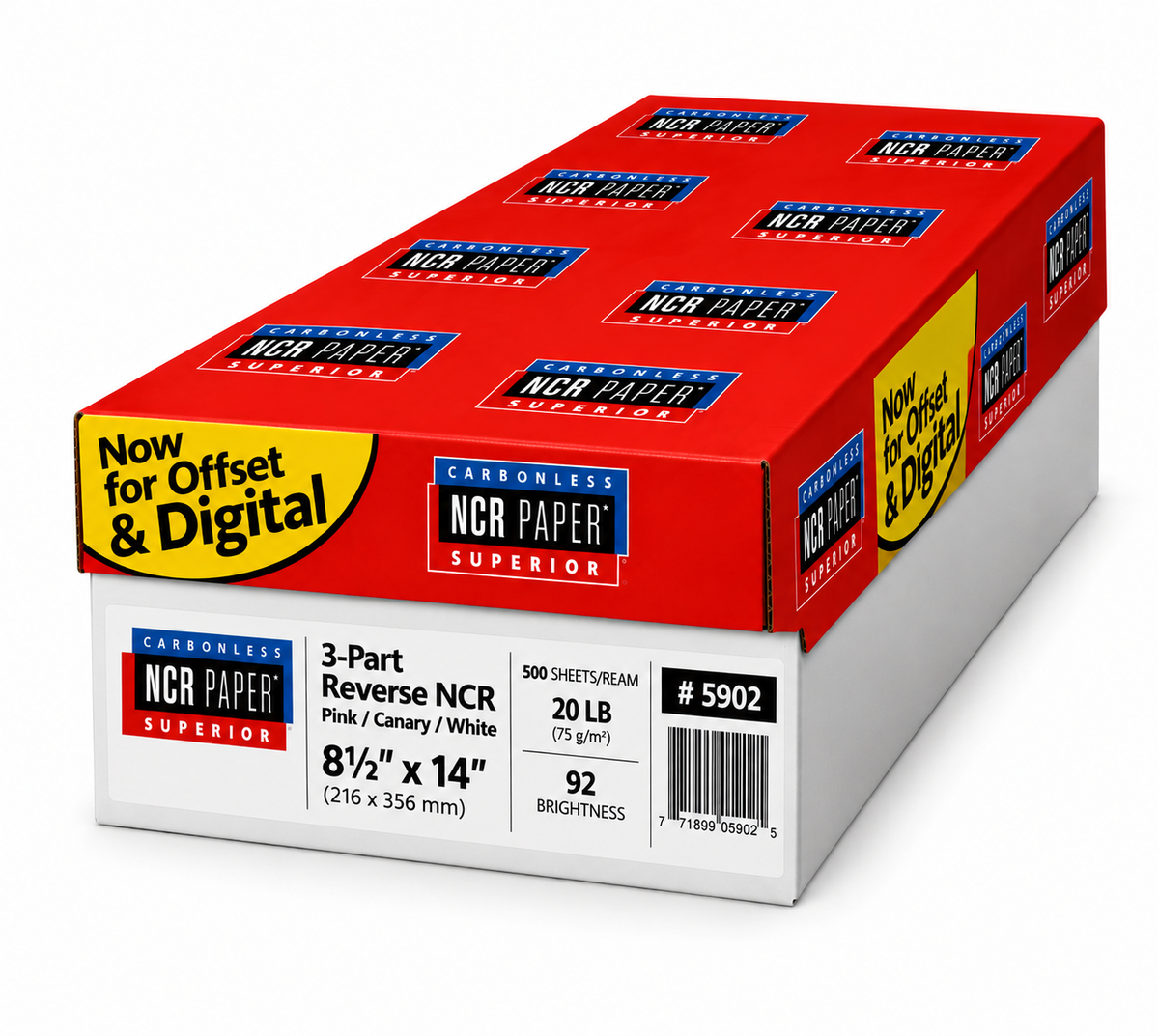 NCR Superior 8.5" x 14"  3prt Reverse Pink/Canary/White Carbonless Paper, 20 lbs, 92 Brightness, 500/Ream (#5902)
