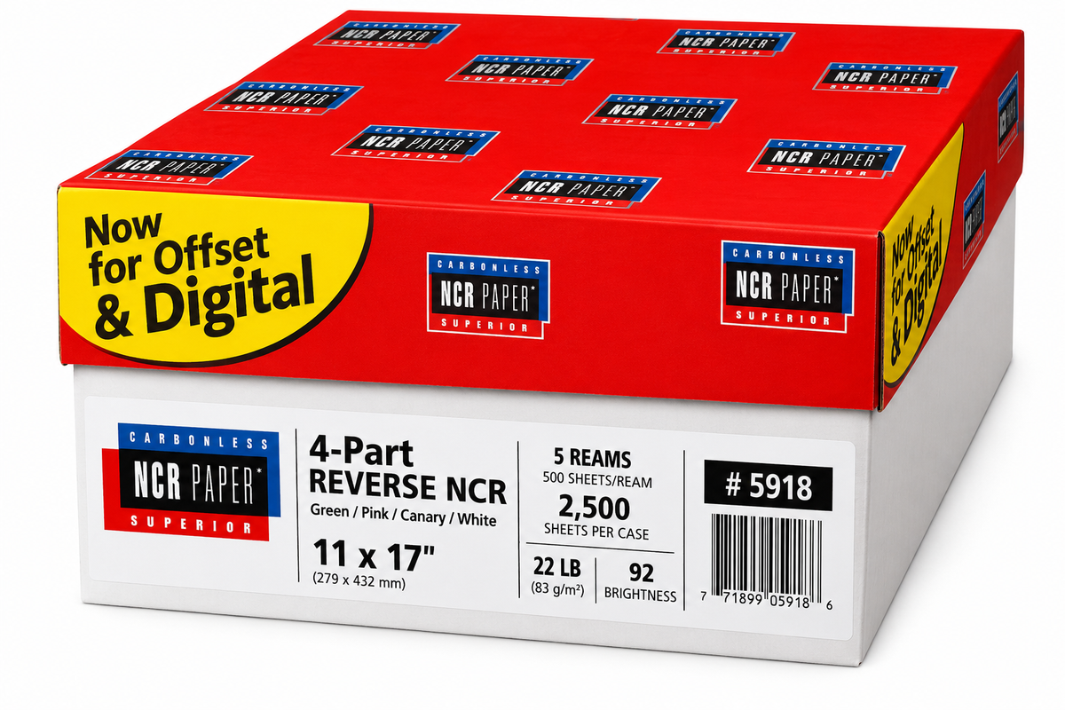 NCR Paper Superior 11 x 17 4prt REVERSE  NCR G/P/C/W , 5 Reams , 500/ream 2,500 Sheets Per Case, 22 Lb, 92 Brightness (#5918)