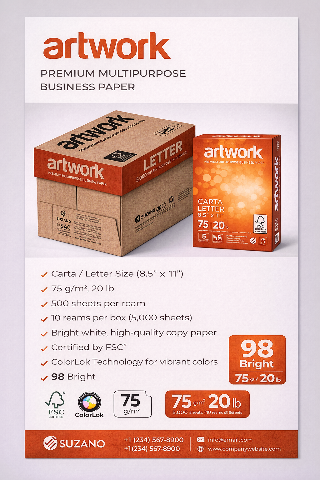 8 1/2 x 11 Artwork 20# 98 Bright 75gsm 5,000/ctn